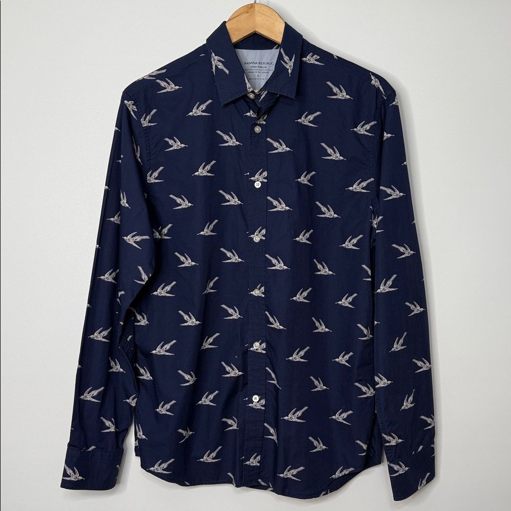 Banana Republic Luxe Poplin Dark Blue Bird Pattern Button Down Shirt Size Large